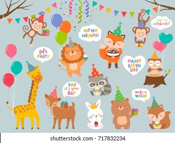 Set Of Cute Cartoon Wildlife Animals Illustration For Greeting / Invitation Birthday Card Design