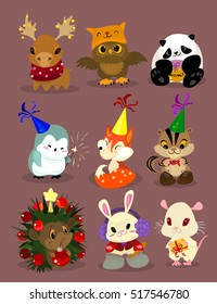Set of Cute Cartoon Winter Animals. Moose, Owl in Cat Hat, Panda with Honey, Penguin with Sparkler, Fox, Chipmunk with Candy, Hedgehog with Bauble, Hare with Carrot, White Rat with Cheese Gift