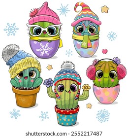 Set of cute cartoon winter Cacti on a white background