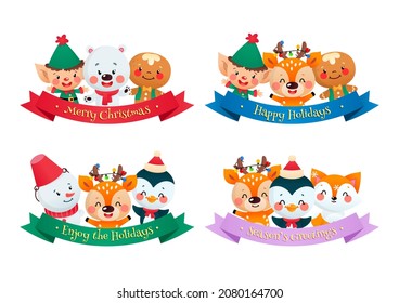 Set of cute cartoon winter holiday badges. Four christmas illustrations of Christmas characters and ribbons with holiday greetings isolated on a white background. Vector illustration 10 EPS.