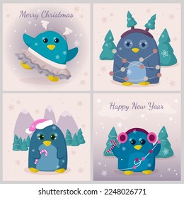 Set of cute cartoon winter penguins. Happy New Year and Merry Christmas cards. Vector illustration in flat style