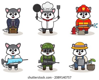 Set of Cute Cartoon Wolf isolated on a white background. Vector illustration with cute Wolf of different professions. cute job Animal cartoon bundle set.