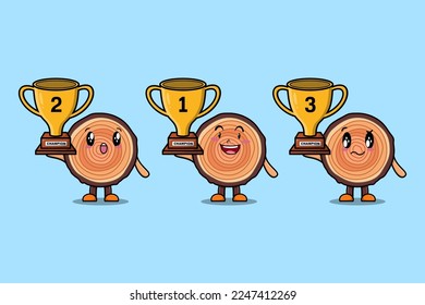 Set of cute cartoon Wood trunk holding trophy with happy expression in 3d modern style design