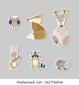 Set of cute cartoon woodland animals in scandinavian style on stickers. Flat vector illustartion.