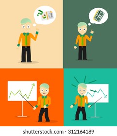Set of cute cartoon young businessmen. Idea concept and finance report graph. Vector flat design
