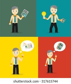 Juego de tiras cómicas de jóvenes hombres de negocios. Gráfico del concepto de ideas y del informe financiero. Diseño plano vectorial