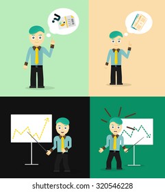 Set of cute cartoon young businessmen. Idea concept and finance report graph. Vector flat design