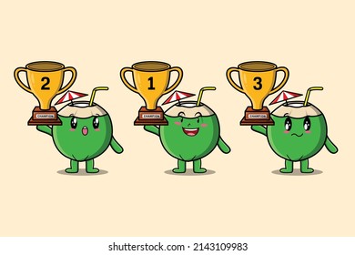 Set süßer Cartoon Young Kokosnuss HolTrophäe mit glücklichem Ausdruck in 3D-modernes Design-Design