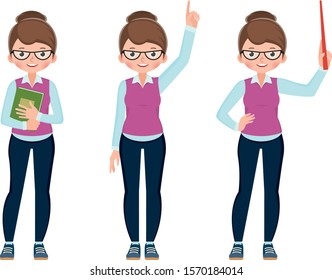 Set of cute cartoon young woman teacher in different poses Stock vector Illustration