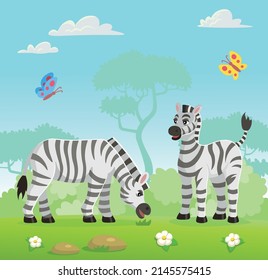 Set of cute cartoon zebra character. Zebra eating grass. Animals of Africa. Vector cartoon illustration.