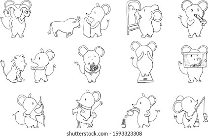 Set of cute cartoon zodiac mouses. Vector illustration of twelve zodiacal sings: Aries, Taurus, Gemini, Cancer, Leo, Virgo, Libra, Scorpio, Sagittarius, Capricorn, Aquarius, Pisces. Collection 2020