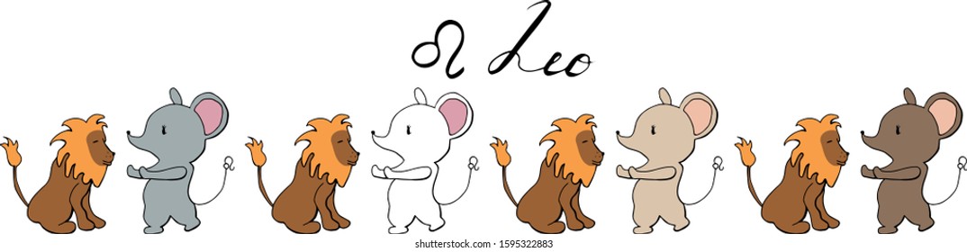 Set of cute cartoon zodiac mouses. Vector illustration of Leo in four colours. Mouse collection 2020 year.