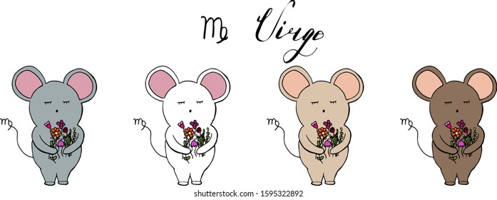 Set of cute cartoon zodiac mouses. Vector illustration of Virgo in four colours. Mouse collection 2020 year.