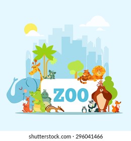 Set of cute cartoon zoo animals standing in big group in front of abstract cityscape. Vector illustration