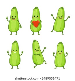 set of Cute cartoon zucchini characters with emotions. Cute zucchini with smile isolated on white background. Vector illustration.