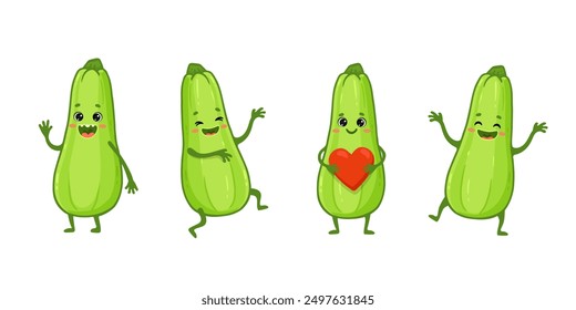 set of Cute cartoon zucchini characters with emotions. Cute zucchini with smile isolated on white background. Vector illustration.
