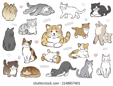 Set Of Cute Cartoonish Cats Isolated On A White Background. Vector Flat Style Illustration.