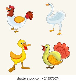 Set of cute cartoons of colorful birds like hen, swan, duck and turkey on beige background.