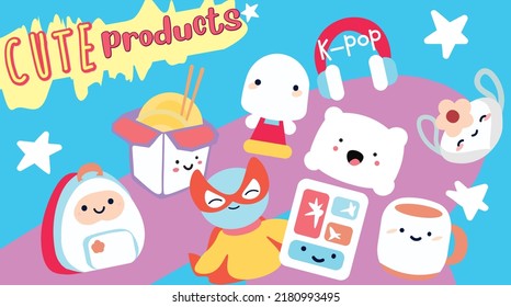 Set of cute cartoons in the concept of a k-pop, anime, cosplay, manga and other accessories store. Vector Illustration. Kawaii style.