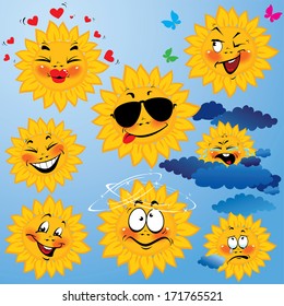 Set of cute cartoons of sun with different expressions and emotions. Design for travel and summer holiday.
