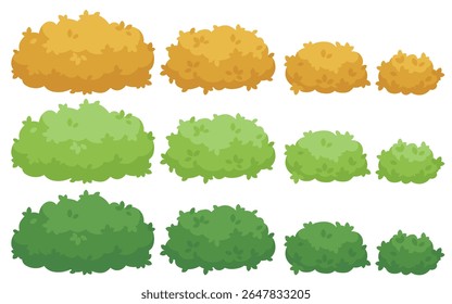 A set of cute cartoon-style bushes in yellow and green shades, featuring various shapes and sizes. Perfect for game design, children’s illustrations, landscape scenes, and creative projects.