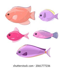 Un conjunto de peces lindos al estilo de las caricaturas sobre un fondo blanco.
