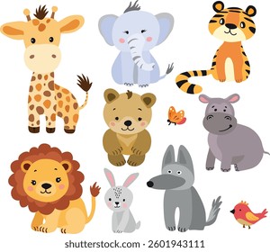set of cute cartoon-style wild animals