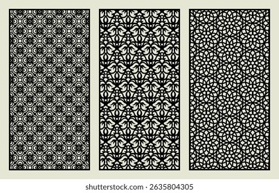 Set of cute carved panels. Vertical rectangular grilles with abstract geometric pattern, floral plant ornament. Vector template for plotter laser cutting of paper, wood carving, metal engraving, cnc.