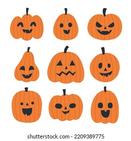 Set of cute carved pumpkins for halloween. HAnd drawn vector illustration.