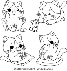 Set of cute cat. Animal cartoon hand drawn, doodle, line art style Cute cartoon funny character. Pet collection. Flat design Baby background. 