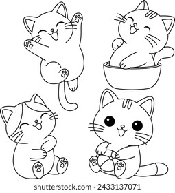 Set of cute cat. Animal cartoon hand drawn, doodle, line art style Cute cartoon funny character. Pet collection. Flat design Baby background. 