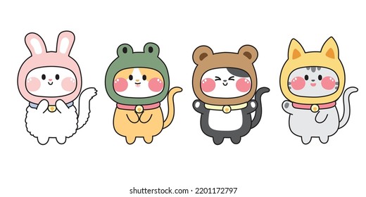 Set of cute cat in animal costume.Pet character design collection.Rabbit,frog,bear,dog hand drawn.Meow.Mascot.Kawaii.Vector.Illustration