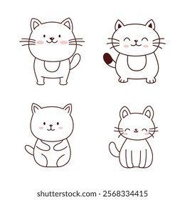 Set of Cute Cat Animal Doodle Cartoon Character in Line Art Design