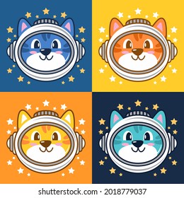 Set of cute cat with astronaut helmet cartoon illustration flat design vector.