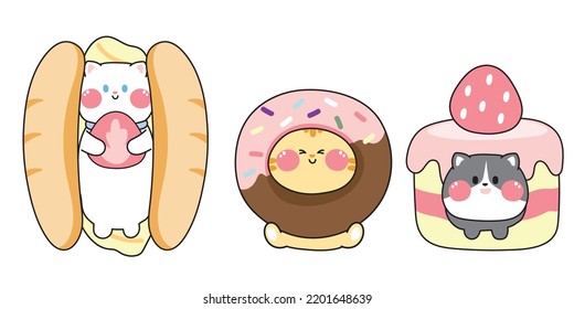 Set of cute cat in bakery costume.Animal character cartoon design.Image for card,poster,sticker,mascot,baby clothing.Meow.Kawaii.Vector.Illustration.