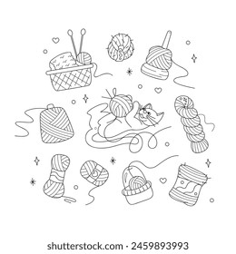 Set with cute cat, balls of yarn and containers. Doodle outline vector black and white illustration.