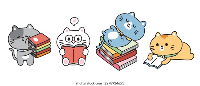 Set of cute cat with book in various poses on white background.Reading book.Pet animal character design collection.Student.Study.Meow lover.Kawaii.Vector.Illustration.