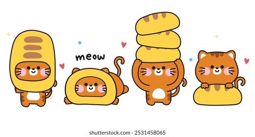 Set von niedlichen Katze mit Brot.Bäckerei handgezeichnet.Miau.Tier Charakter Cartoon Design.Bild für Karte, Aufkleber, Babykleidung.Kawaii.Vektor.Illustration.