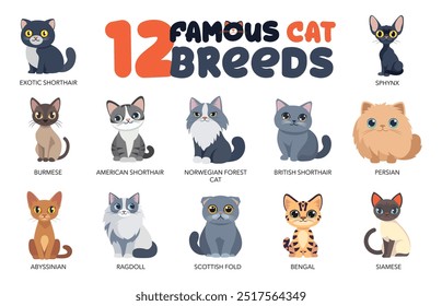 Conjunto de lindas razas de gatos en divertido estilo de dibujos animados en una Ilustración vectorial