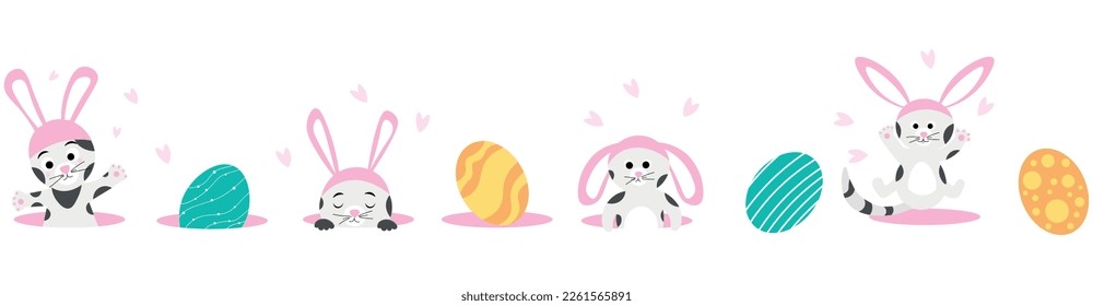 Set of cute cat with bunny ears and Easter eggs on white backgro
