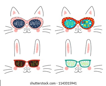 Set of cute cat, bunny faces in sunglasses with summer, autumn, winter, spring symbols reflected, text. Isolated objects on white. Hand drawn vector illustration. Line drawing. Concept four seasons.