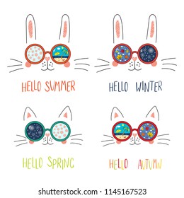 Set of cute cat, bunny faces in sunglasses with summer, autumn, winter, spring symbols reflected, text. Isolated objects on white. Hand drawn vector illustration. Line drawing. Concept four seasons.