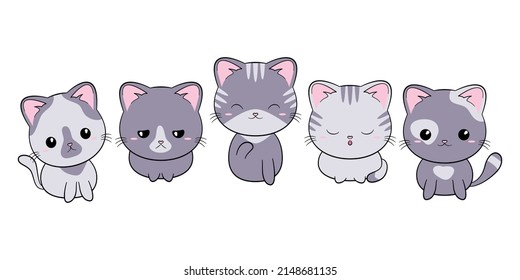 Set of cute cat cartoon characters. Kawaii kitten with big head. Flat vector illustration.