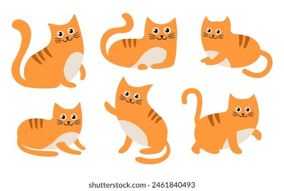 Set of cute cat cartoon characters illustration in various poses, kitten flat vector style on white background