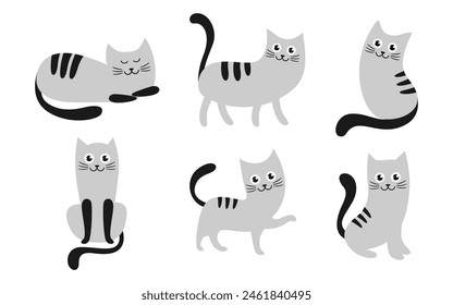 Set of cute cat cartoon characters illustration in various poses, kitten flat vector style on white background