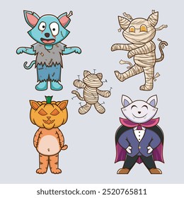 Conjunto de dibujos animados de gatos lindos. con el concepto de fantasmas de Halloween como momias, zombies y Drácula. Aislar fondo gris suave . Vector. 