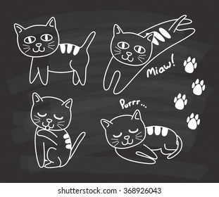 set of cute cat cartoon on chalkboard background