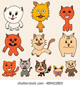 Set of cute cat cartoon. Vector illustration of funny colored cat. Hand drawn art sketch cat.