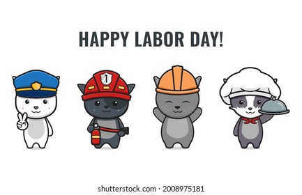 Set of cute cat celebrate labor day cartoon icon vector illustrationDesign isolated on white. Flat cartoon style.