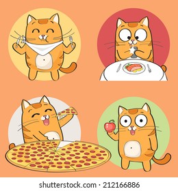 Set of cute cat character having food